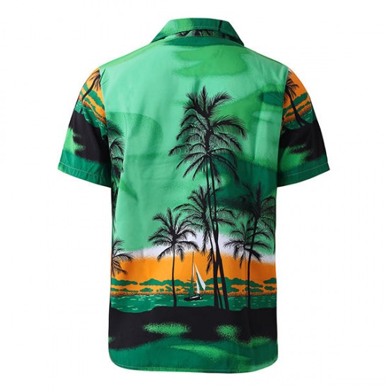 Beach Holiday Breathable Quick Drying Coconut Tree Printing Loose Lounge Short-sleeved Men Shirts