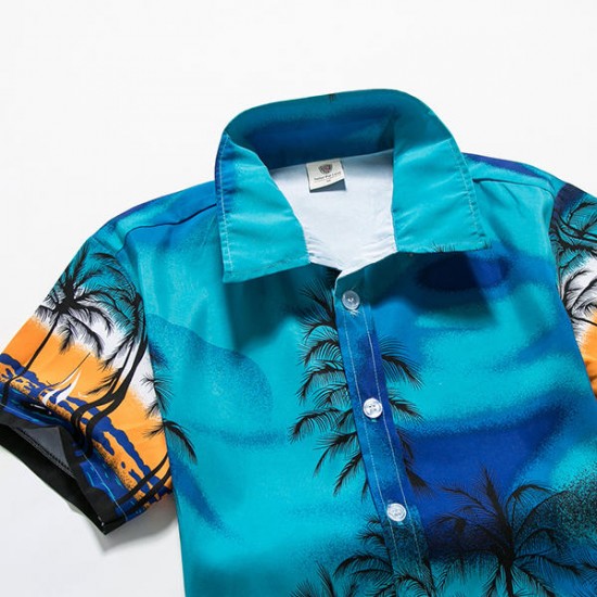 Beach Holiday Breathable Quick Drying Coconut Tree Printing Loose Lounge Short-sleeved Men Shirts