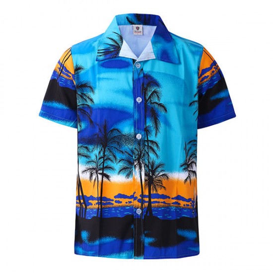 Beach Holiday Breathable Quick Drying Coconut Tree Printing Loose Lounge Short-sleeved Men Shirts