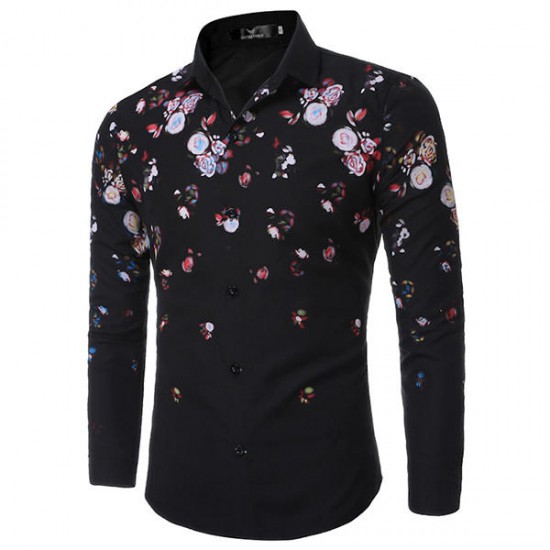 Casual Flowers Printing Slim Band Collar Designer Shirts for Men