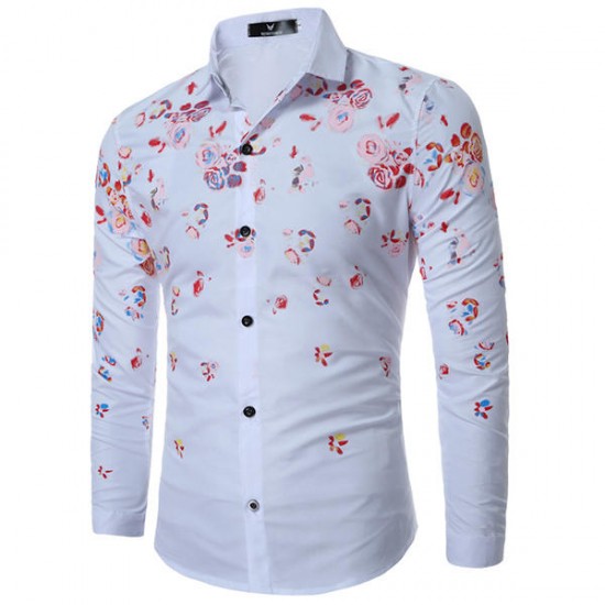 Casual Flowers Printing Slim Band Collar Designer Shirts for Men