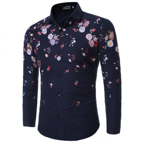 Casual Flowers Printing Slim Band Collar Designer Shirts for Men