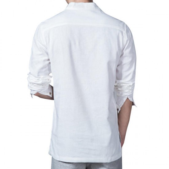 Chinese Style Linen Cotton Traditional Plain Pure Color Stand Collar Shirts for Men