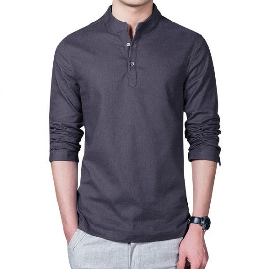 Chinese Style Linen Cotton Traditional Plain Pure Color Stand Collar Shirts for Men