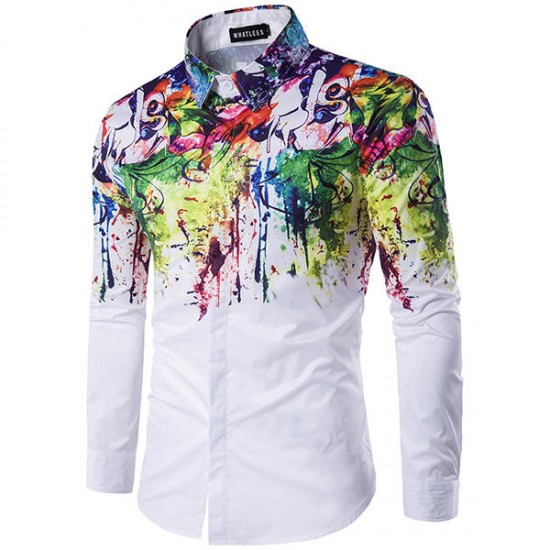 Flowers Splash-ink Splashed Paint Printing Lapel Long-sleeved Men Shirt