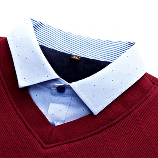 Men Winter Fleece Warm Fake Two Pieces Fashion Shirt Collar Thick Tops