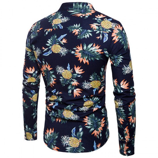 Pineapple Printing Mandarin Collar Long Sleeve Cotton Band Collar Shirt for Men Pineapple Printing Mandarin Collar Long Sleeve Cotton Band Collar Shirt for Men