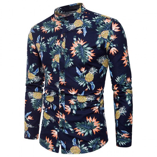 Pineapple Printing Mandarin Collar Long Sleeve Cotton Band Collar Shirt for Men Pineapple Printing Mandarin Collar Long Sleeve Cotton Band Collar Shirt for Men