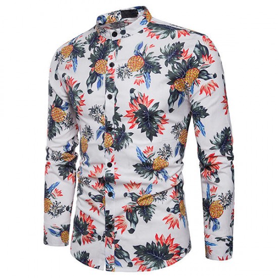 Pineapple Printing Mandarin Collar Long Sleeve Cotton Band Collar Shirt for Men Pineapple Printing Mandarin Collar Long Sleeve Cotton Band Collar Shirt for Men