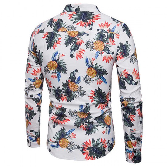 Pineapple Printing Mandarin Collar Long Sleeve Cotton Band Collar Shirt for Men Pineapple Printing Mandarin Collar Long Sleeve Cotton Band Collar Shirt for Men