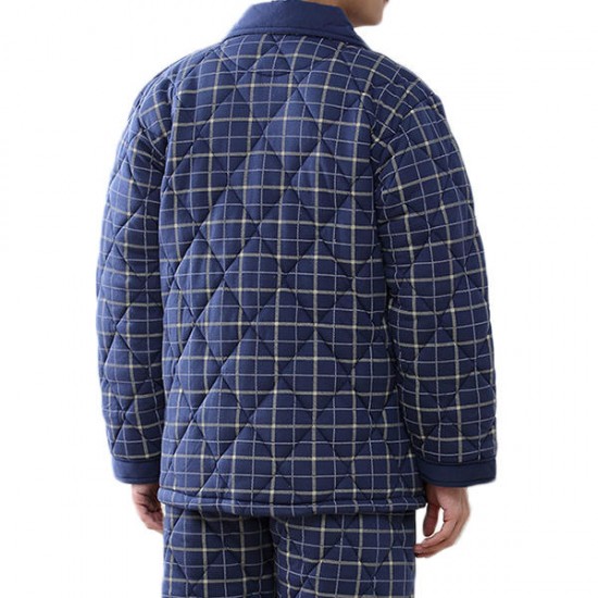 Casual Home Winter Thick Warm Quilted Plaid Lapel Collar Pajamas Sets for Men