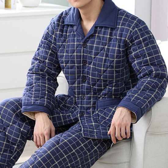 Casual Home Winter Thick Warm Quilted Plaid Lapel Collar Pajamas Sets for Men