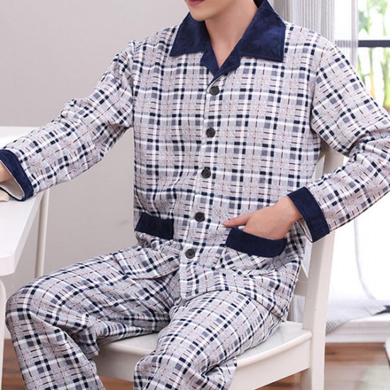 Comfortable Warm Plaid Casual Home Sleeping Pajamas Suit for Men