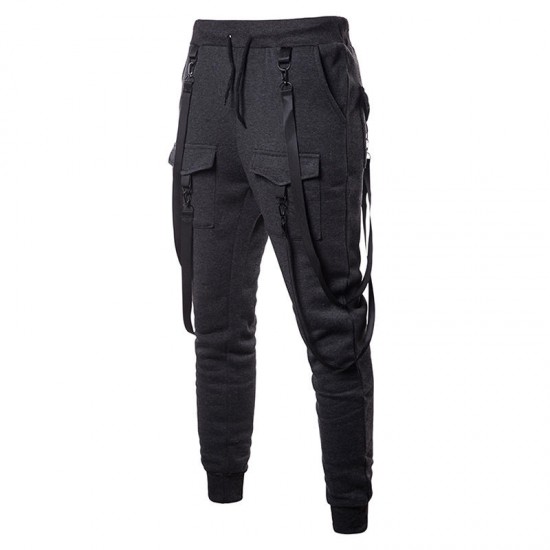 Casual Pants Solid Color Multi-Pocket Hip-Hop Belt with Sport Pants for Men