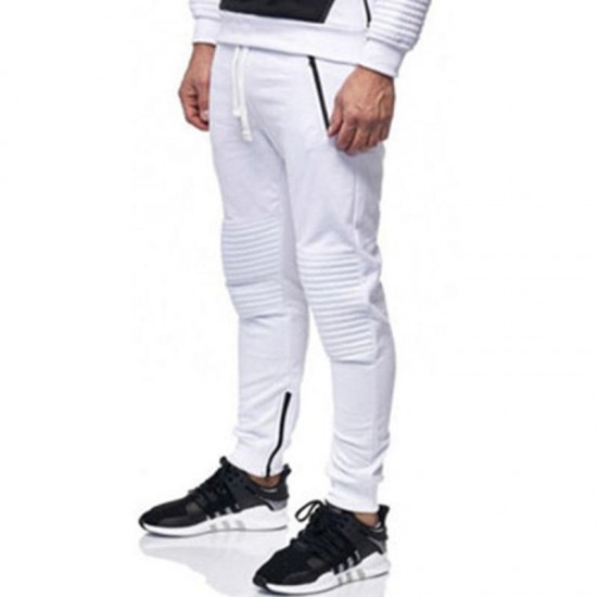 Mens Stitching Elastic Waist Drawstring Solid Color Cotton Trousers Sport Pants