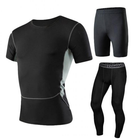 Men's Fitness Three-piece Gym Sportswear Casual Quick-drying Tights Running Sports Suit