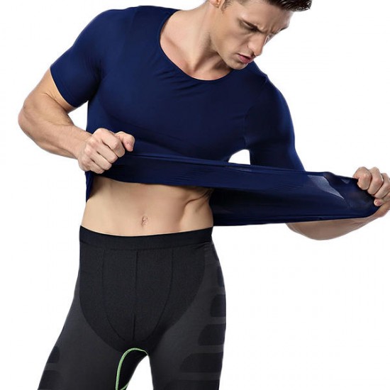 Body Sculpting Mens High Elastic Abdomen Fitness Slim Fit Body Building Sport T-shirt