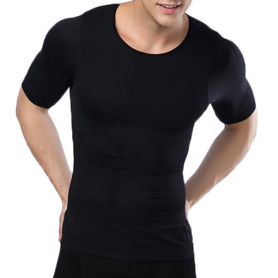 Body Sculpting Mens High Elastic Abdomen Fitness Slim Fit Body Building Sport T-shirt