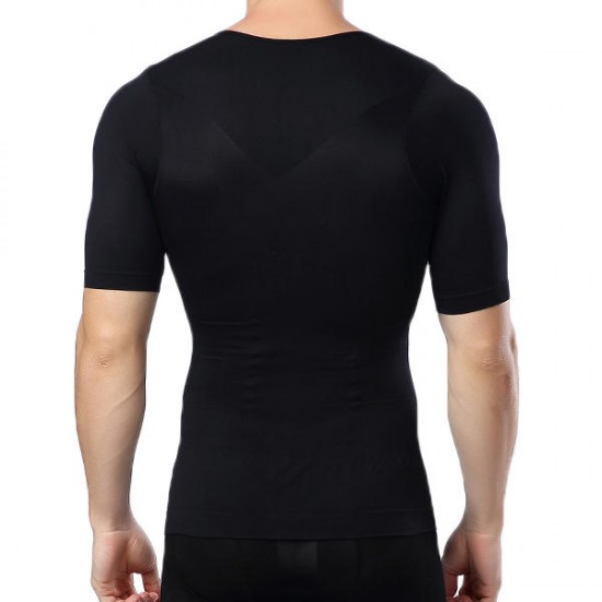 Body Sculpting Mens High Elastic Abdomen Fitness Slim Fit Body Building Sport T-shirt