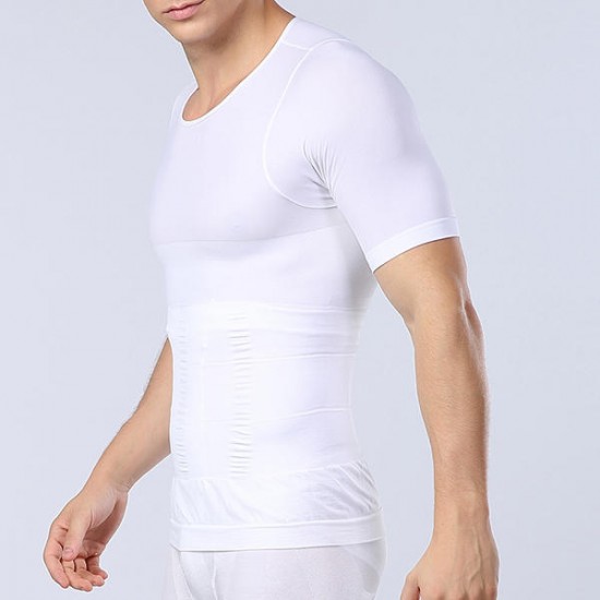 Body Sculpting Mens High Elastic Abdomen Fitness Slim Fit Body Building Sport T-shirt