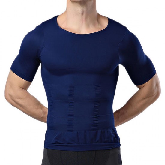 Body Sculpting Mens High Elastic Abdomen Fitness Slim Fit Body Building Sport T-shirt