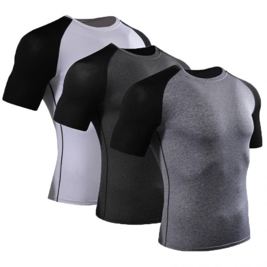 Mens Short Sleeve Tight Fitness T-shirt Elastic Quick Dry Sport Running T-Shirts Tops