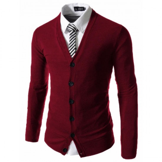 Autumn Winter Fashion Pure Color Knit Cardigan Casual Business Slim Fit V-neck Cardigan
