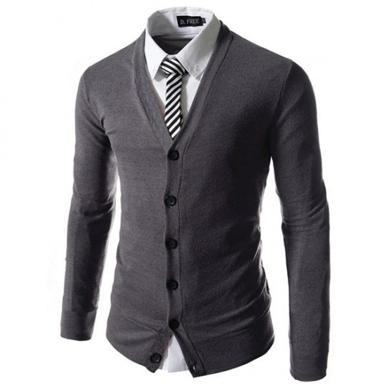 Autumn Winter Fashion Pure Color Knit Cardigan Casual Business Slim Fit V-neck Cardigan