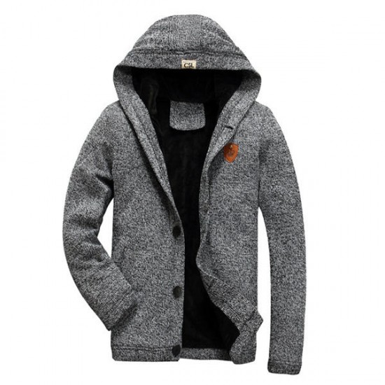 Autumn Winter Men's Cashmere Thermal Hooded Cardigan Casual Button Single-breasted Knitted Sweater