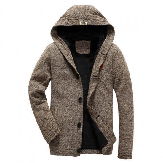 Autumn Winter Men's Cashmere Thermal Hooded Cardigan Casual Button Single-breasted Knitted Sweater