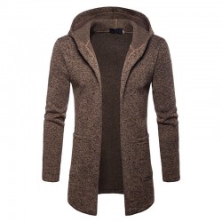 Casual Mid Length Plus Size Pockets Polyester Solid Color Hooded Cardigans