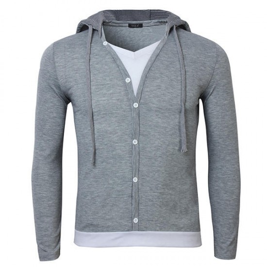 Mens Spring Fall Solid Color Long Sleeve Hooded Cardigan T-Shirt