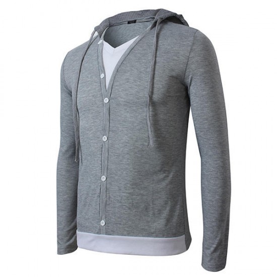 Mens Spring Fall Solid Color Long Sleeve Hooded Cardigan T-Shirt