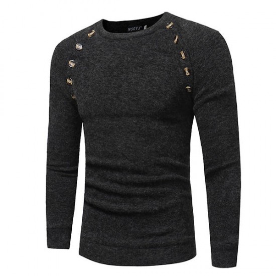 Autumn Winter Men's Fashion Button Design Pullovers Casual Slim Round Neck Long Sleeved Pullover Swe