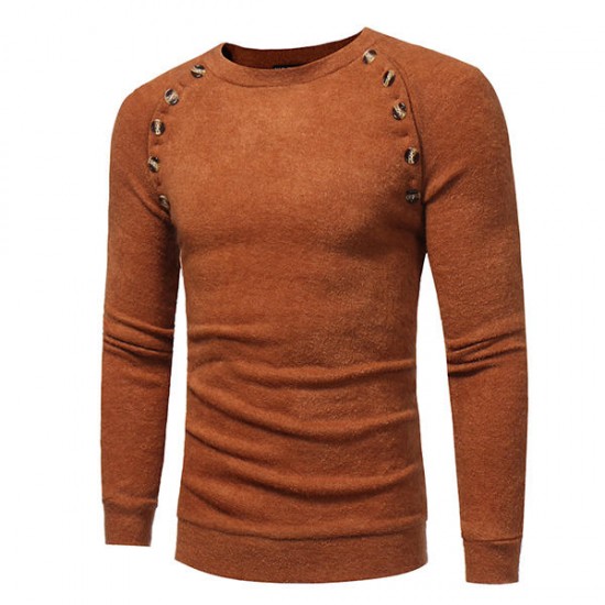 Autumn Winter Men's Fashion Button Design Pullovers Casual Slim Round Neck Long Sleeved Pullover Swe