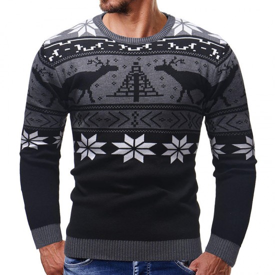 Men Casual Peaceful Deer Printed Long Sleeve Pullovers O-Neck Slim Sweaters