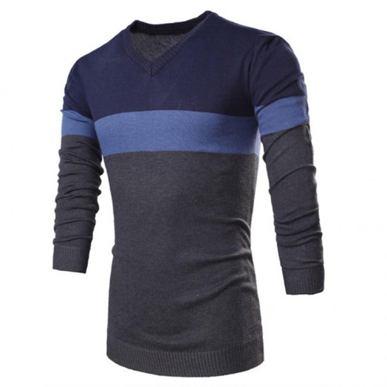 Men Spring Autumn Fashion Stripe V-neck Sweaters Cotton Knitting Leisure Slim Fit Pullovers