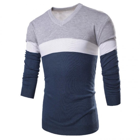 Men Spring Autumn Fashion Stripe V-neck Sweaters Cotton Knitting Leisure Slim Fit Pullovers
