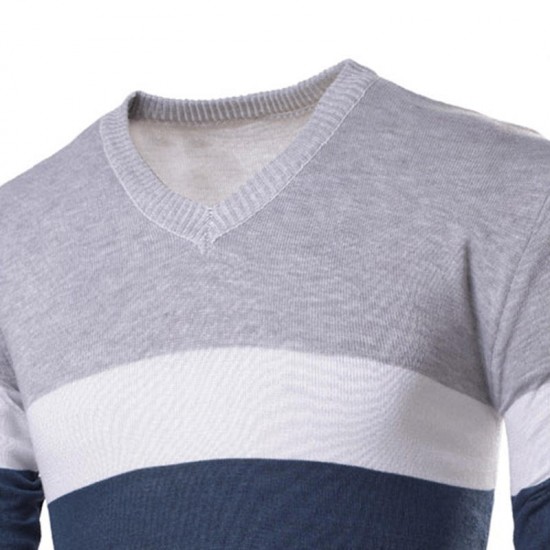 Men Spring Autumn Fashion Stripe V-neck Sweaters Cotton Knitting Leisure Slim Fit Pullovers