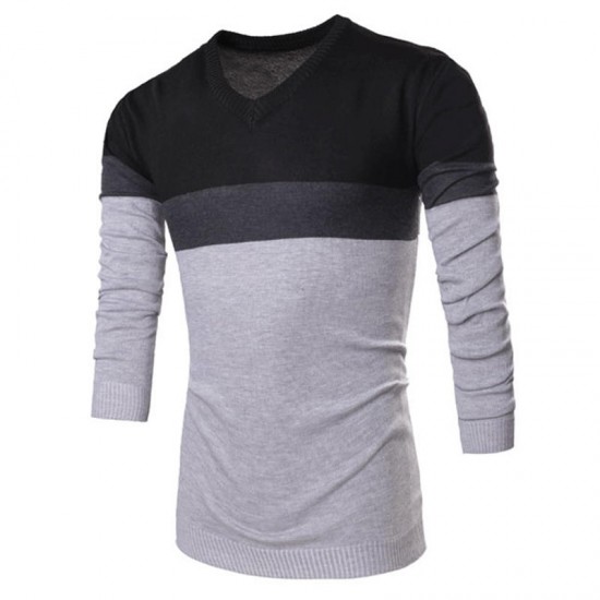 Men Spring Autumn Fashion Stripe V-neck Sweaters Cotton Knitting Leisure Slim Fit Pullovers