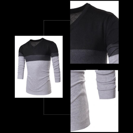 Men Spring Autumn Fashion Stripe V-neck Sweaters Cotton Knitting Leisure Slim Fit Pullovers