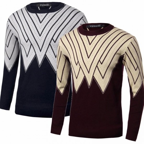 Men Winter Knitting Polyester Round Collar Triangle Long Sleeve Warm Pullover Sweater