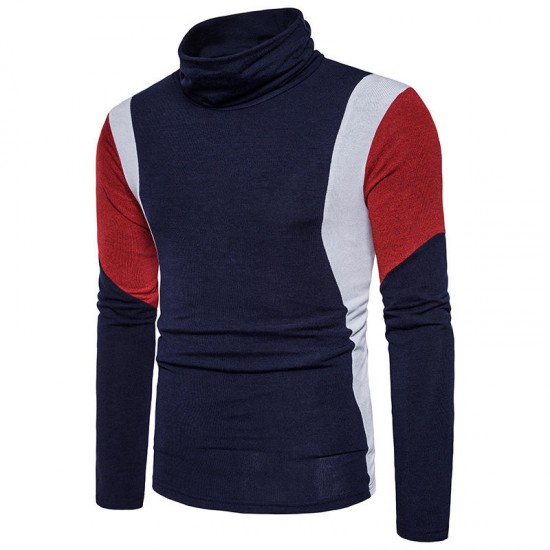 Men's Autumn Winter Casual Color Block Slim Long Sleeve Turtleneck Pullovers Sweater
