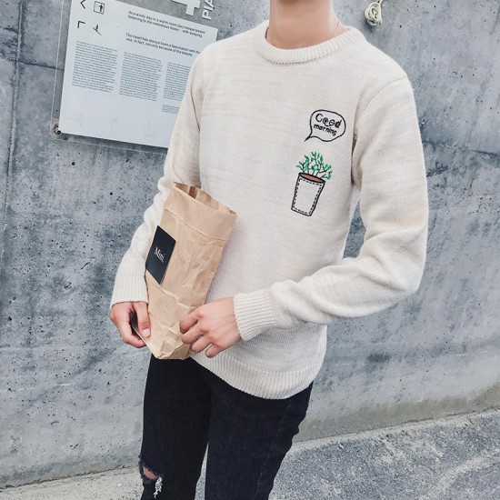 Men's Casual O-Neck Sweater Embroidery Warm Long Sleeve Pullovers