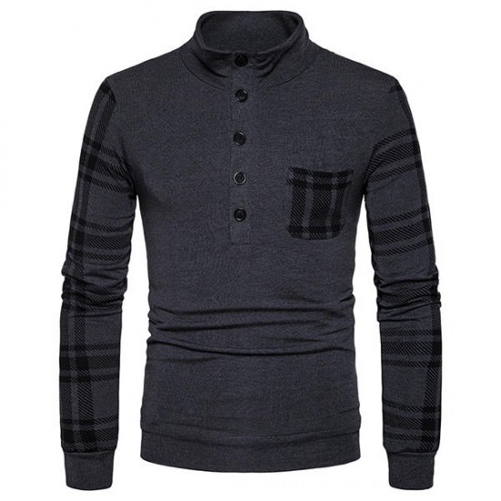 Men's Casual Spliceing Stripe Sweater Pullover Fashion Long Sleeve Button Collar Tops Tees