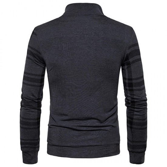 Men's Casual Spliceing Stripe Sweater Pullover Fashion Long Sleeve Button Collar Tops Tees