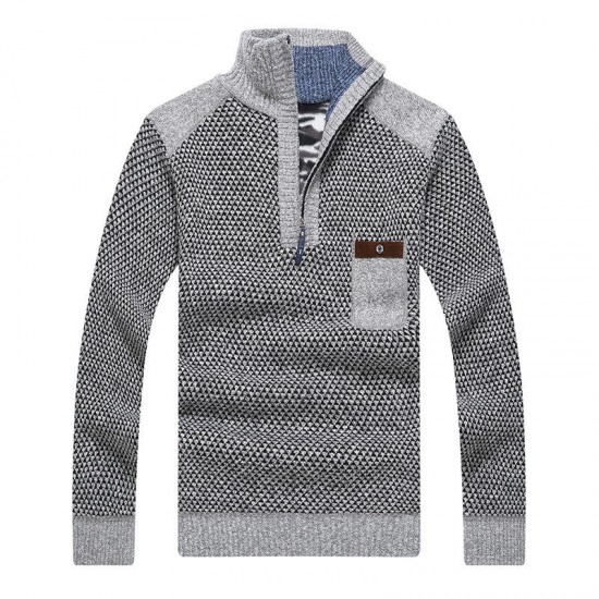 Men's Casual Thicken Patchwork Half-Zipper Stand Collar Chest Pocket Knit Pullovers Sweaters