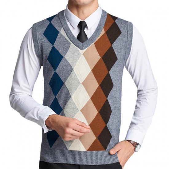 Fashion Plaid Fleece Woolen Pullover Vest Casual Men's V-collar Sleeveless Sweater Vest