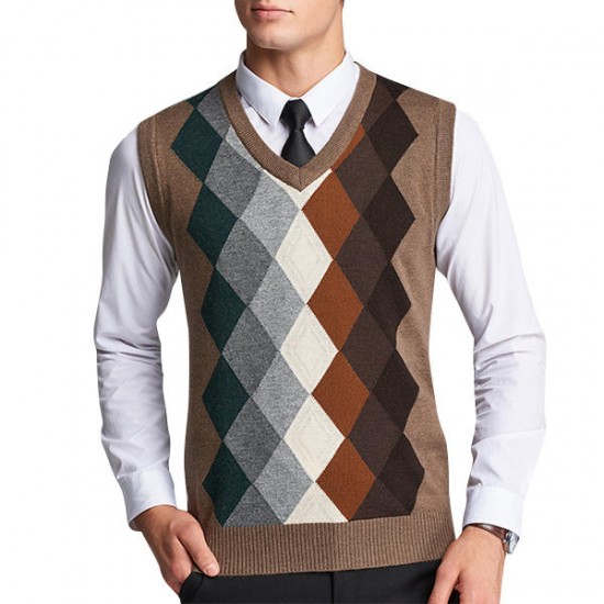 Fashion Plaid Fleece Woolen Pullover Vest Casual Men's V-collar Sleeveless Sweater Vest