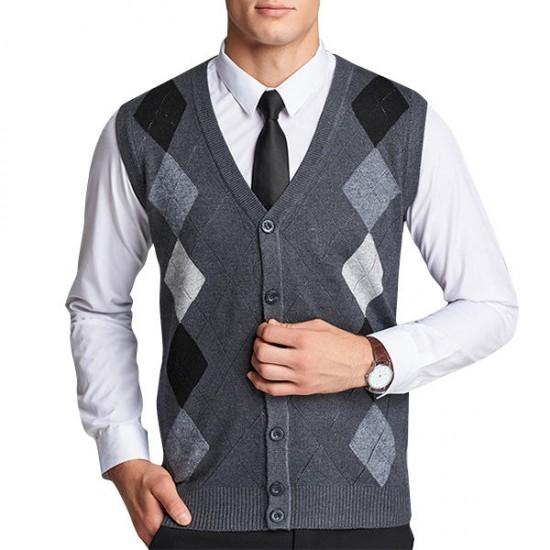 Men's British Style Woolen Knitted Cardigan Casual Diamond Pattern V-collar Sweater Vest